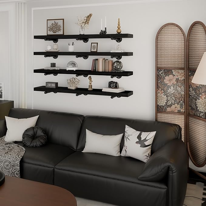 Industrial Pipe Wall Wood Shelves,Real Wooden Shelves 48" Modern Floating Shevles for Wall Bookshelf Shelving Units for Rusti