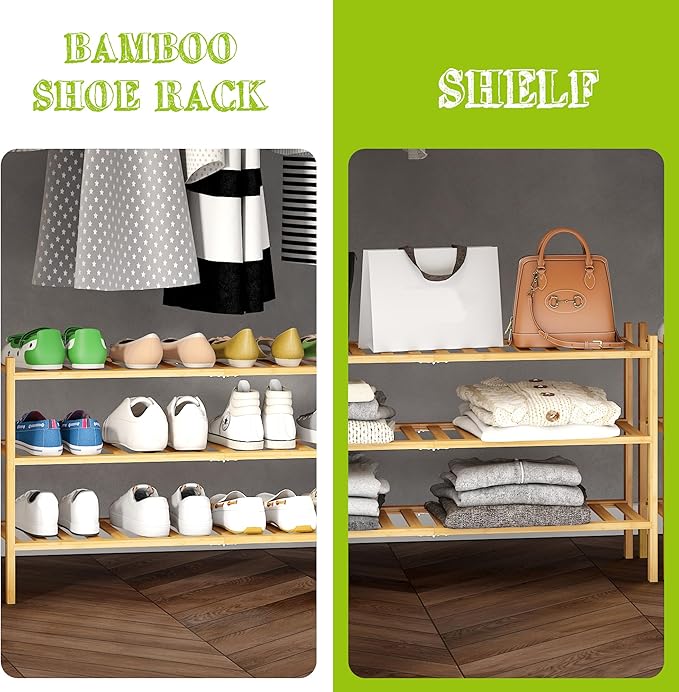 BMOSU 3-Tier Bamboo Extended Shoe Rack Premium Stackable Shoe Shelf Storage Organizer for Hallway Closet Living Room Entryway