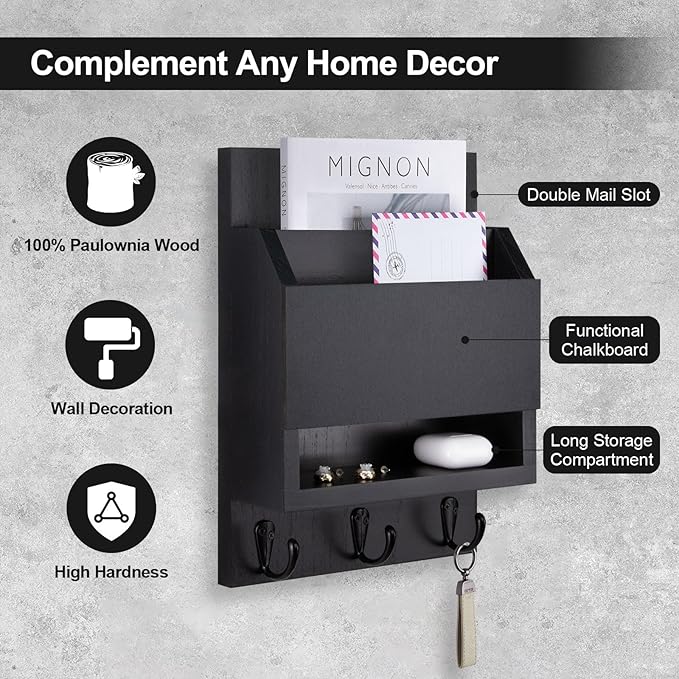 Key and Mail Holder for Wall, Key Holder with Chalkboard and Long Storage Box, Key Hanger with 3 Sturdy Hooks for Coat, Dog L