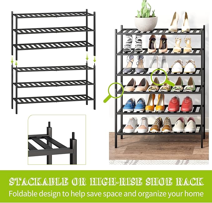 BMOSU 3-Tier Bamboo Extended Shoe Rack Premium Stackable Shoe Shelf Storage Organizer for Hallway Closet Living Room Entryway