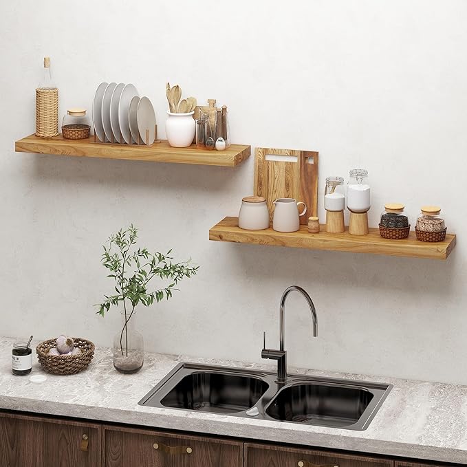Wood Floating Shelves 36 Inch Long, Rustic Solid Elm Wood Shelves for Home Decor, 8 Inch Deep Wall Shelf with Invisible Brack