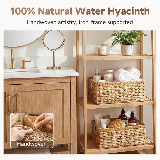 StorageWorks Wicker Storage Baskets, Handwoven Water Hyacinth Basket for Organizing, Decorative Organizers with Built-in Hand