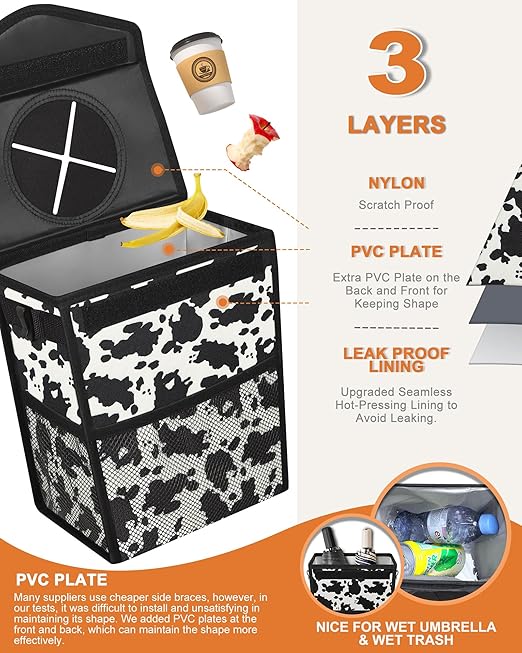 Car Trash Can with Lid, Cute Leakproof Car Trash Garbage Bag Hanging Vehicle Trash Bin Small Portable Automotive Garbage Cans Organizer for Back/Front Seat/Console(Trapezoid,Cow Print)