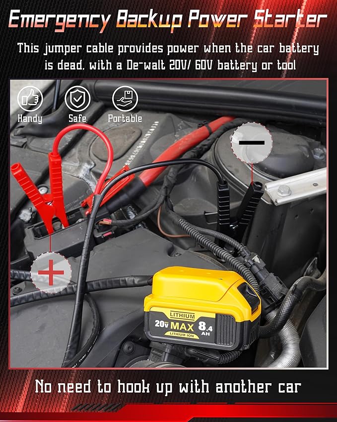 Jumper Cables Compatible with Dewalt 20v Battery, Jumper Starter with Adapter (Battery not Included), Portable Automotive Booster Cables Power for Car Jump Starting Using Tool