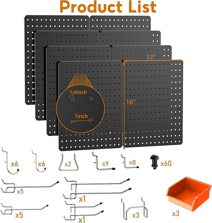 Peg Board, 114PCS Heavy Duty Metal Pegboard with Hooks, 8 Pack Black Peg Board Panels, 60lbs Load Capacity Each, Pegboard Wal