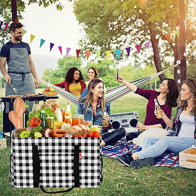 Extra Large Utility Tote Bag, Foldable Reusable Grocery Bags with Metal Wire Frame & Reinforced Bottom Board, Stand up Large Utility Tote for Groceries, Beach Bag, Laundry, Car (Cube Plaid)