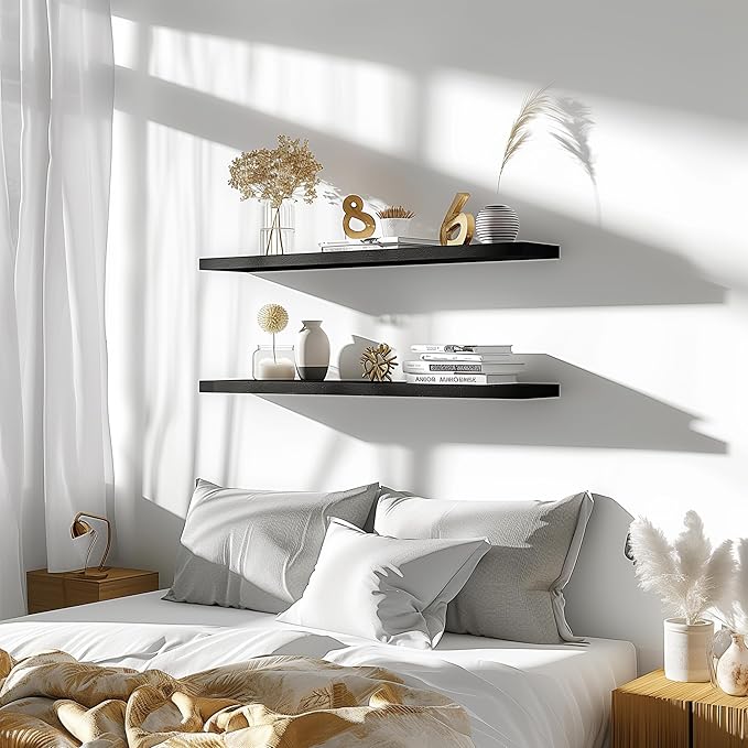 PHPH 48 Inch Wood Floating Shelves for Wall, Wooden Wall Shelves for Bedroom, Set of 4 Black