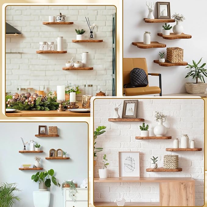 Pinkunn 4 Pcs Floating Shelves for Wall Wooden Live Edge Shelf Wall-Mounted Natural Solid Wood Bedroom Kitchen Storage Living