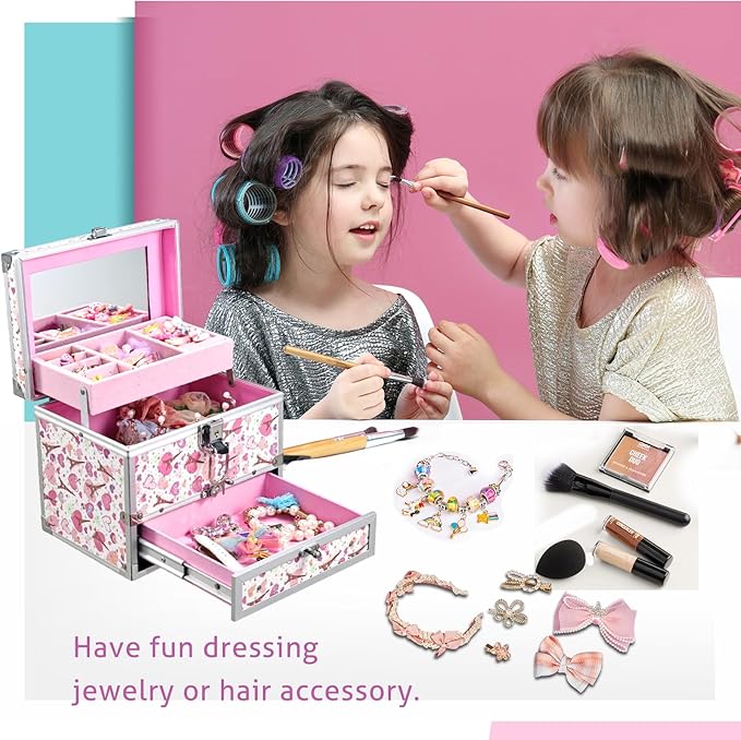 Hododou Girls Jewelry Box Organizer with Drawer & Mirror, Shiny Pink Style Lockable Storage Case for Kid or Little Girls Jewe