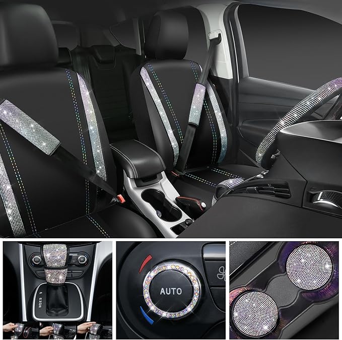 CAR PASS Bling Diamond Leather Seat Covers Sets 12pcs