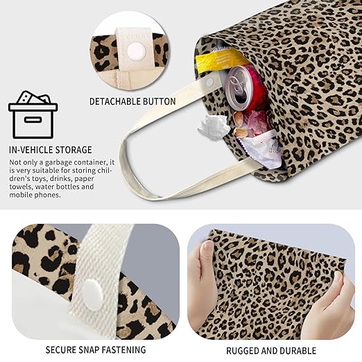 Cute Car Trash Can, Hanging Canvas Car Back Seat Organizer and Storage Bag, Funny Car Trash Bag For Travelling, Outdoor Cute Brown Leopard