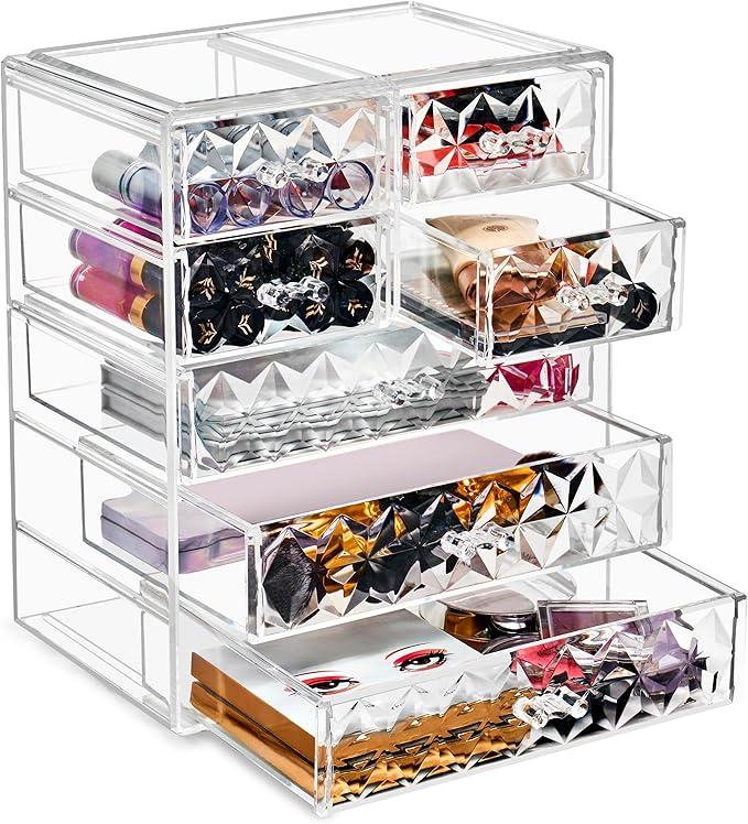 Sorbus Acrylic Makeup Organizer Set, 7-Drawer Vanity & Countertop Cosmetic Storage with Small & Wide Drawers, Diamond Makeup 