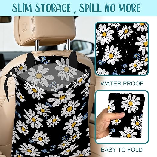 Car Trash Bag White Daisies Blue Flowers Leak-Proof Car Garbage Bag with Drawstring Foldable Canvas Trash Bin with Adjustable Buckle for Car Accessories, Travelling, Camping