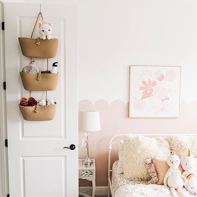 OrganiHaus Over the Door Hanging Basket for Organizing, 3-Tier Hanging Wall Basket for Storage, Boho Nursery Decor for Wall, 