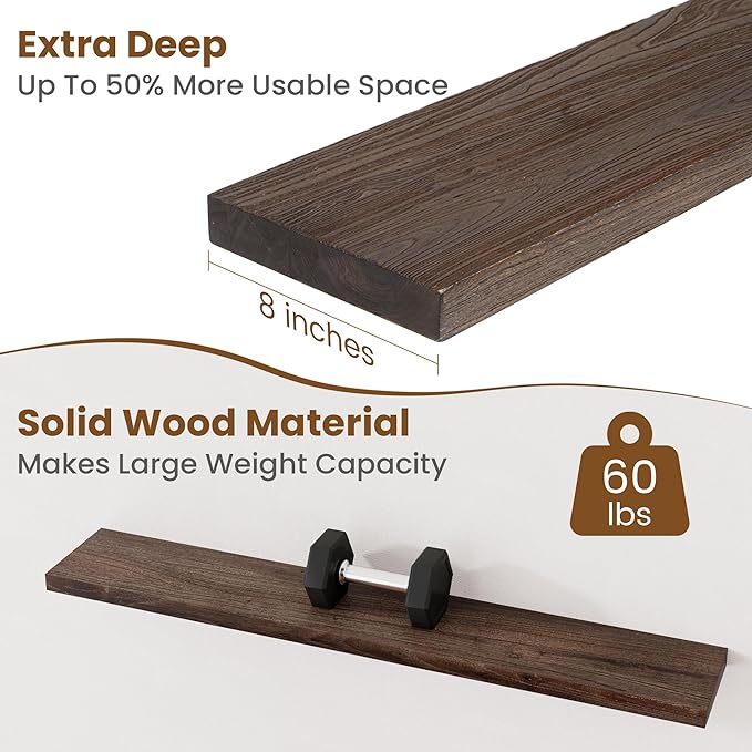 Floating Shelves for Wall Decor, 8 Inch Deep Rustic Solid Elm Wood Floating Shelves Wall Mounted, Wall Shelves with Invisible
