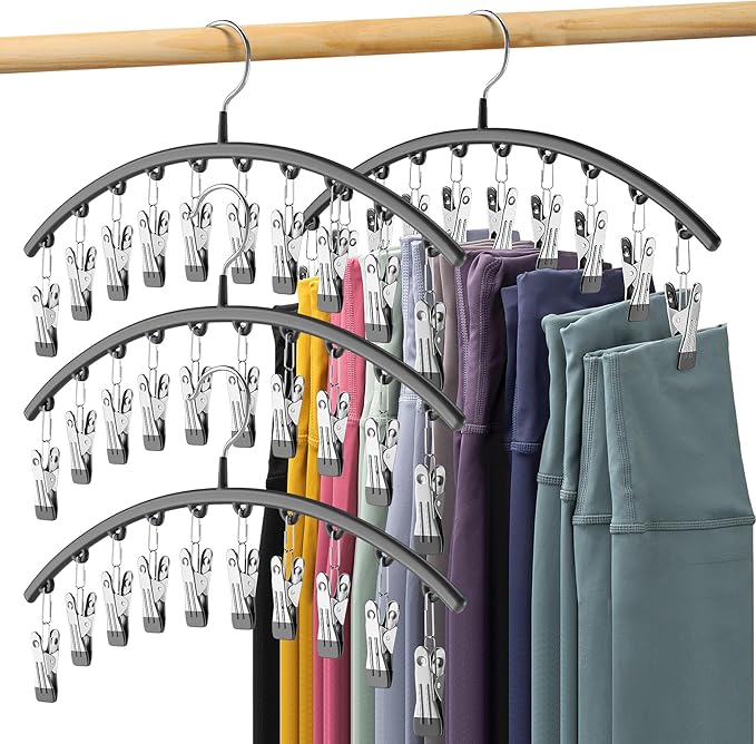 Legging Organizer for Closet, Metal Yoga Pants Hangers 4 Pack w/10 Clips Holds 40 Leggings, Space Saving Hanging Closet Organ