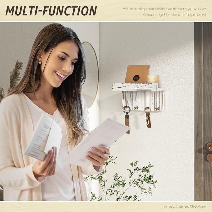 Rebee Vision Farmhouse Key Holder Wall Mount - Decorative Key and Mail Holder for Wall with Small Floating Shelf and 4 Key Ho