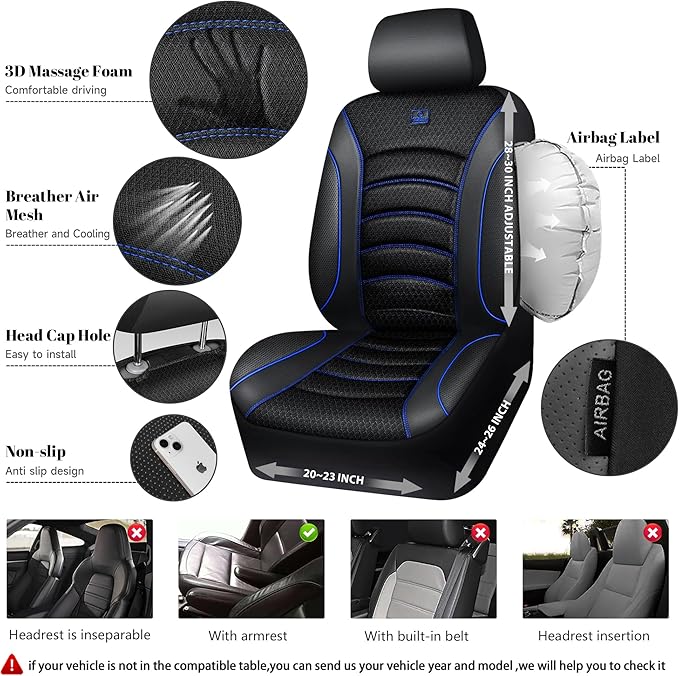 CAR PASS Comfortable 3D Foam Mesh Leather Car Seat Covers Front, Air Cool Mesh Breathable Front Seat Covers for Car, Universa