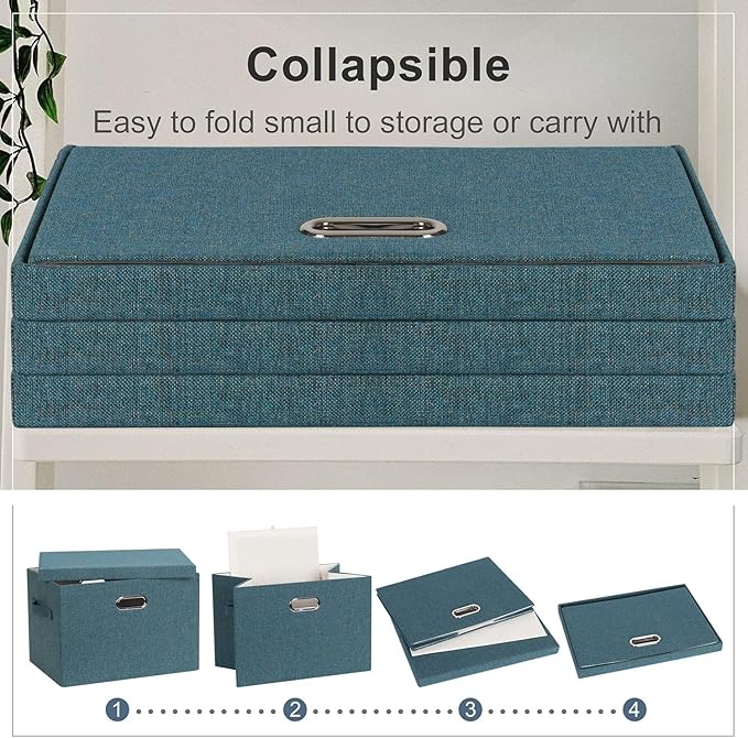 Graciadeco Large 17" 36 Quart Collapsible Stackable Storage Bins with Lids, 3 Packs Blue-Green Linen Fabric Closet Boxes with