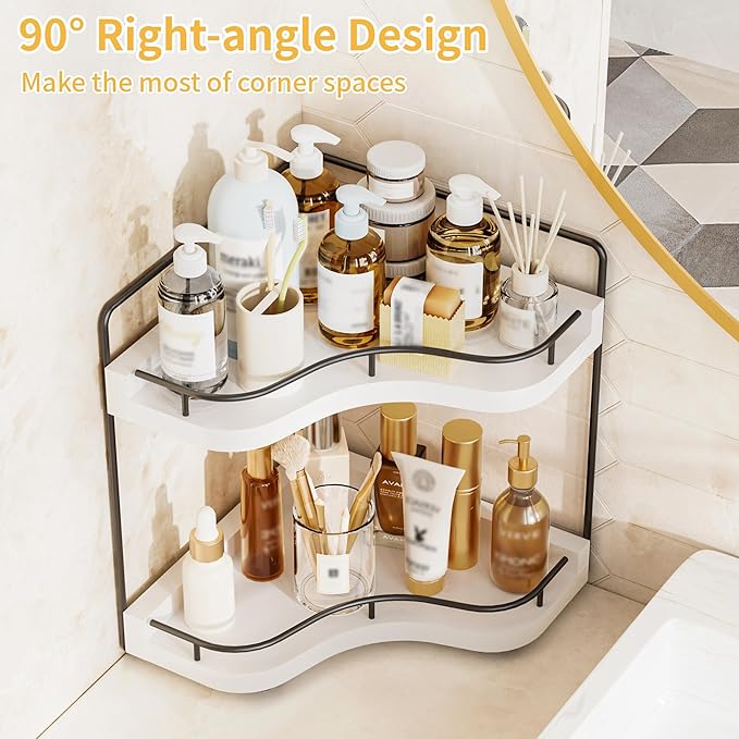 2-Tier Corner Bathroom Counter Organizer with Embedded Screw Holes, Secure & Stable Wood Vanity Shelf for Makeup and Skincare