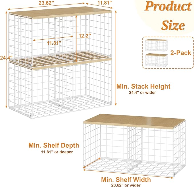 2 Pack Stackable Closet Organizers and Storage, 4 Cube Closet Shelves with Wood Top Board for Extra Clothes Storage, Small Me