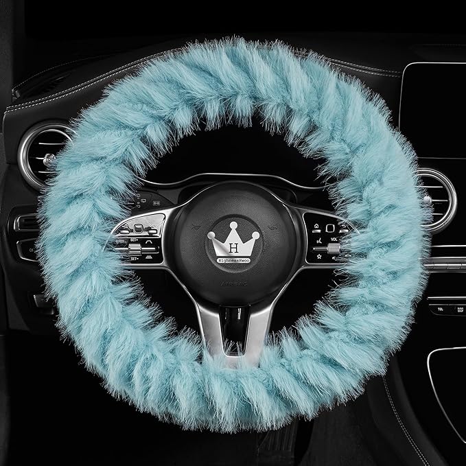 Fuzzy Winter Steering Wheel Covers for Women, Warm Cute Fluffy Car Wheel Cover for F150, Trucks, Jeep, Van, Soft Furry Auto Plush Large Car Handle Cover for Cold Weather, 15.2-16in, Green