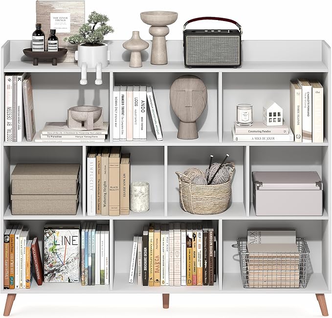 Furinno Claude Book Shelf, 10-Cube Mid Century Style Bookshelf, Bookcase, Storage Organizer with Wood Legs, 9.4" x 55.1" x 45