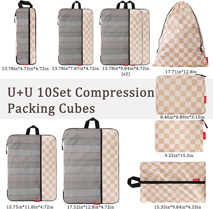 U+U 10 Set Compression Packing Cubes - Ultralight Travel Organizers with Laundry Bag and Cosmetic Bag, Space-Saving Suitcase 