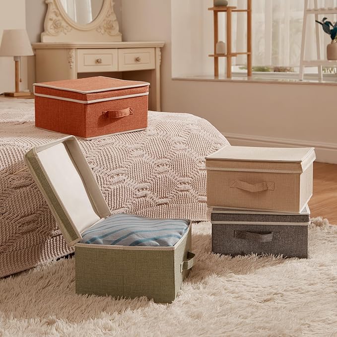 Storage Bins with Lid, Foldable Clothing Storage Box case with Handle for Closet, Bedroom, Home, 4 Color Set A, 13L x 12.5W x