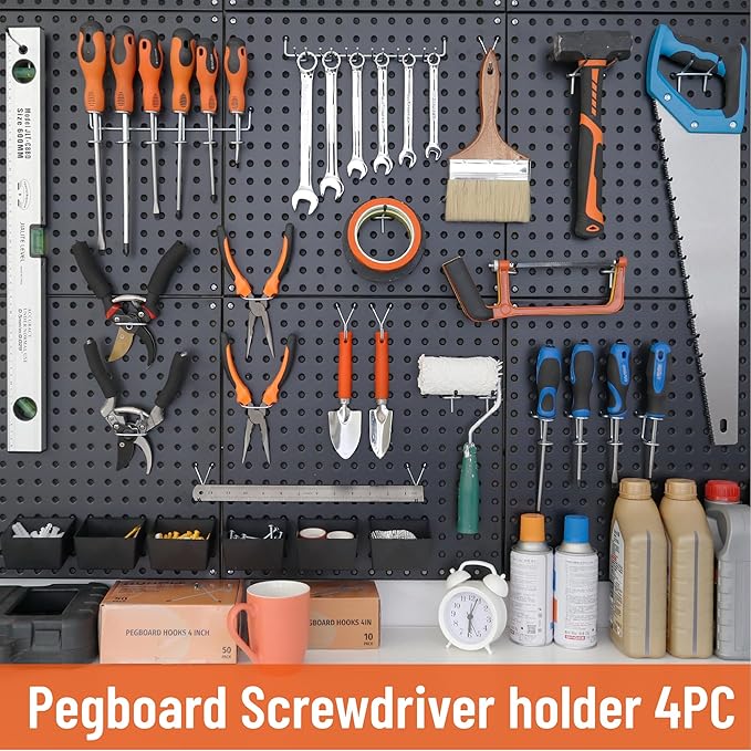 HUHOLE 4-Pack Pegboard Screwdriver Holder – Black Heavy Duty Steel Peg Board Screwdriver Organizer Rack–Multi-Ring Pegboard T