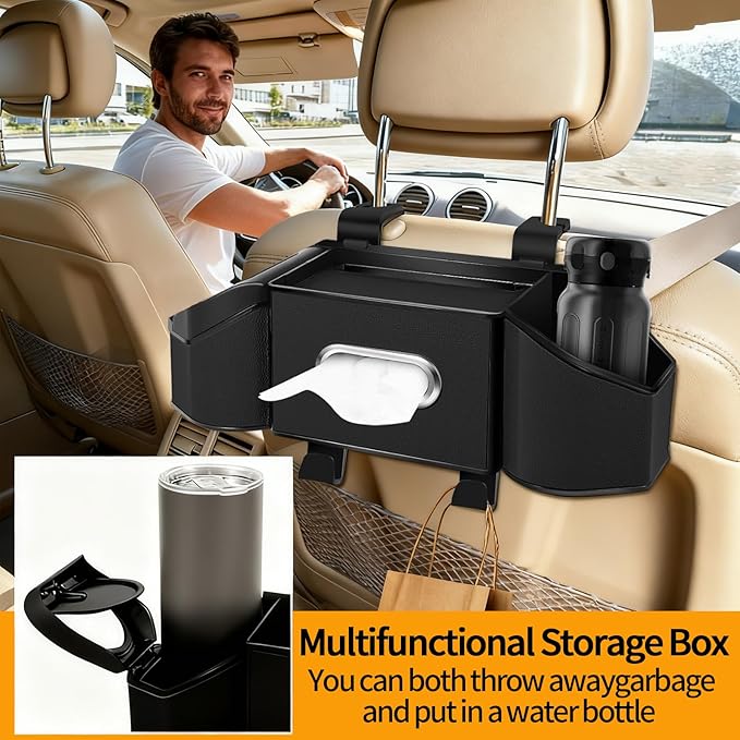7-In-1 Multifunctional Car Seat Back Organizer with Cup Holders, Tissue Box, Garbage Can & Hooks, Headrest Storage & Cup Holder for Backseat (Black)