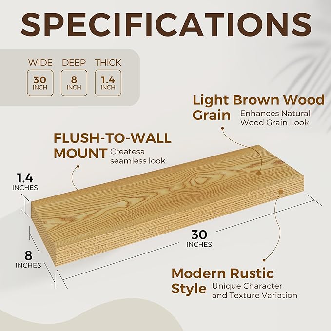 Dreamland 30 Inches Floating Shelves for Wall,8 Inch Deep Floating Shelves Set of 2, Large Display & Storage Shelf, Wall Shel