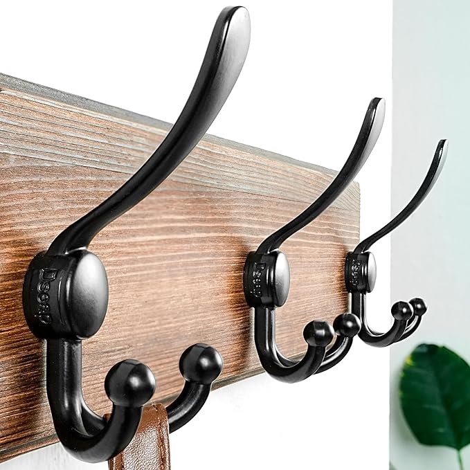 Dseap Coat Rack Wall Mounted - 5 Tri Hooks, Heavy Duty, Wooden Wall Coat Hanger Coat Hook for Clothes Hat Jacket Clothing, Na