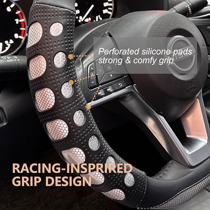 PINCTROT D Shaped Race Grip Steering Wheel Cover, Anti-Slip Silicone Perforated Design with Soft Touch Padding, Enhanced Grip for Sporty Driving Flat Bottom 14.5-15 Inch (Racing Silver)
