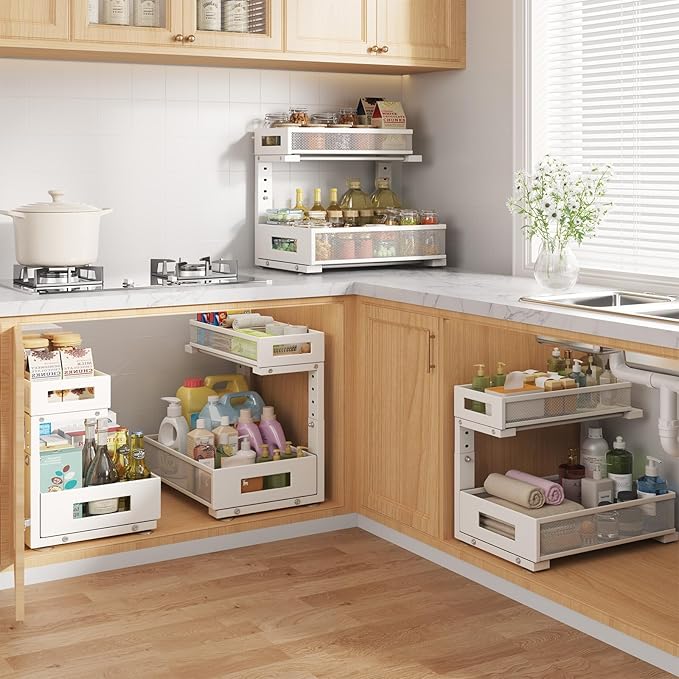 2-Pack Under Sink Storage Organizer, Large 2-Tier Elegant Mesh Pull Out Shelf for Kitchen and Bathroom Cabinet Organization, 