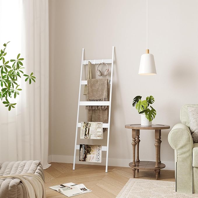 ELYKEN Blanket Ladder for Living Room, Farmhouse 5-Tier Quilt Holder with 4 Removable Hooks for Bathroom, Wood Towel Rack Dis