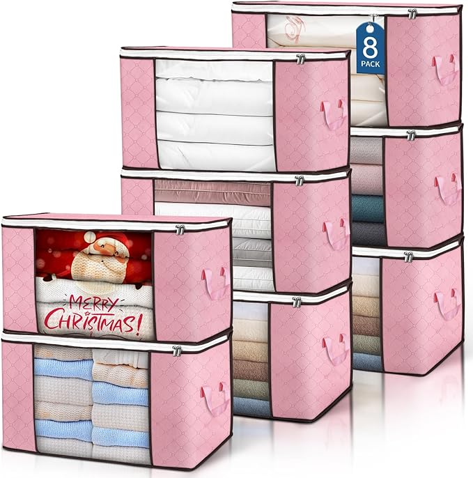 90 L Large Storage Bags, 8 Pack Clothes Storage Bins Foldable Closet Organizer Storage Containers with Durable Handle Storage