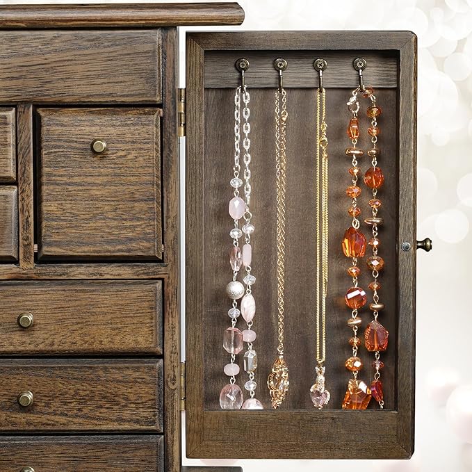 Jewelry Box for Women, Rustic Wooden Jewelry Boxes & Organizers with Mirror & Drawers,6 Layer Jewelry Organizer Box for Rings