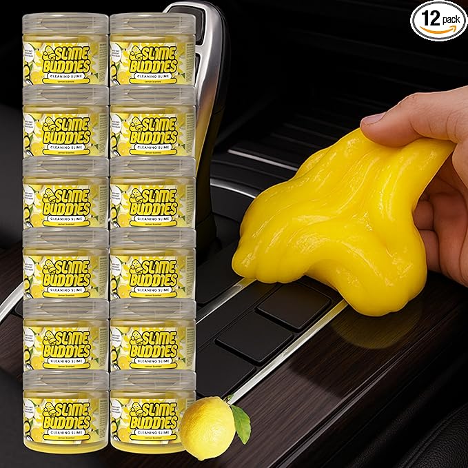 Slime Buddies Car Cleaning Gel Putty - 12 Pack Lemon Scented Interior Detailing Tool for Cup Holder, Air Vent & Keyboard - Re