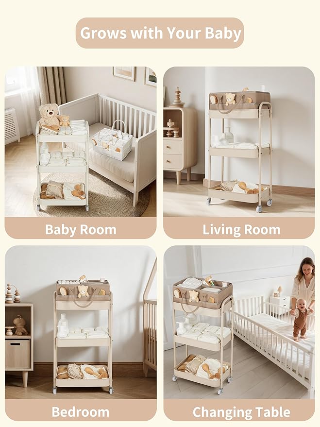 Fortella Baby Diaper Caddy, 3 Tier Rolling Storage Cart for Baby Essentials, Diaper Cart with Detachable Dividers, Storage & 