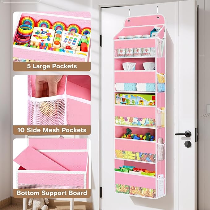 SpaceWhisper Over the Door Organizer, 5 Large Pocket Hanging Storage Organizer with 40lb Capacity, Space Saving for Nursery, 