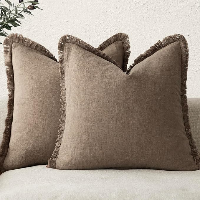 Foindtower Set of 2 Decorative Linen Fringe Throw Pillow Covers Cozy Boho Farmhouse Cushion Cover with Tassels Soft Accent Pi