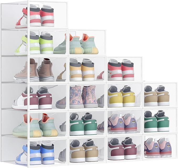 SONGMICS Shoe Boxes, Shoe Storage Organizers Rack for Closet, Plastic Stackable Sneaker Containers Case, 18 Pack, Transparent