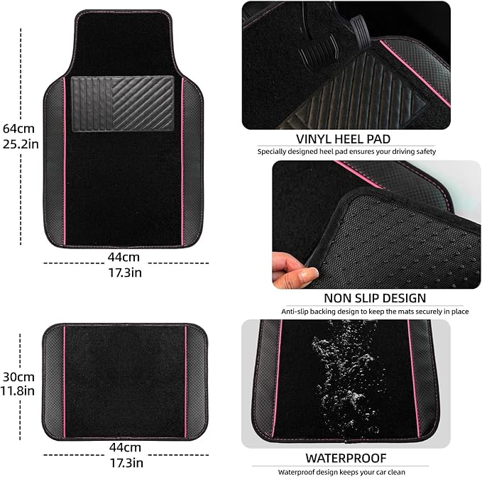 NBTEPEM 10 Pcs Car Floor Mats Full Set Car Accessories, Microfiber Leather Steering Wheel Covers 14.5-15 inch, Center Console Cover, Seat Belt Pads, Cup Coasters, Universal Interior Decor(Pink)