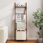 63" Bamboo Blanket Ladder with Shelf, Fabric Storage Basket and 5 Hooks, 4 Tier Leaning Blanket Rack, Farmhouse Towel Ladder 