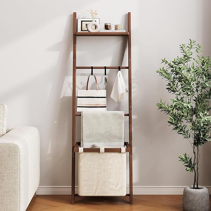 63" Bamboo Blanket Ladder with Shelf, Fabric Storage Basket and 5 Hooks, 4 Tier Leaning Blanket Rack, Farmhouse Towel Ladder 