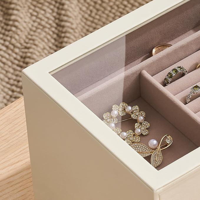 pickpiff Jewelry Box Organizer Case for Women: 5-Layer Jewelry Storage Case with Glass Window, Ivory Leather with Pink Velvet
