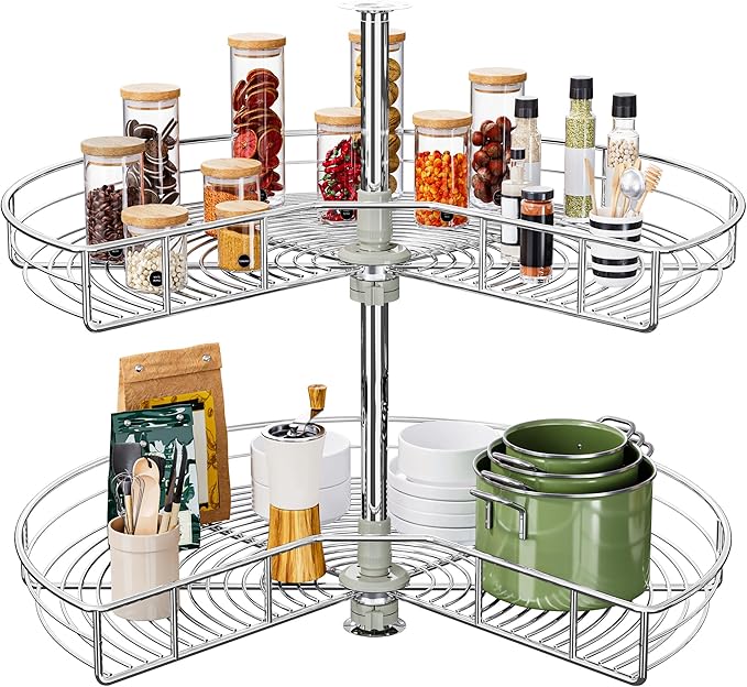 DWVO 31″ Kidney 2-Tier Lazy Susan – Telescoping Mount Corner Cabinet Organizer with Pie-Shelf Design, for Bathroom,Kitchen Ca
