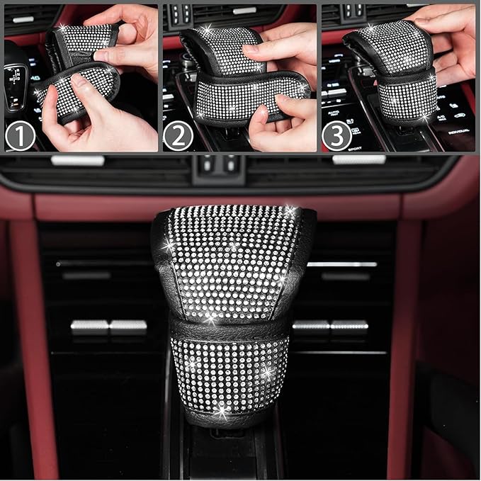 NBTEPEM 30 Pcs Bling Car Accessories Set for Women, Silver Steering Wheel Cover Set, Bling Console Cover, Seat Belt Cushion, Shift Knob Cushion, Cup Holder Coaster, Rhinestone Car Hanging Accessories