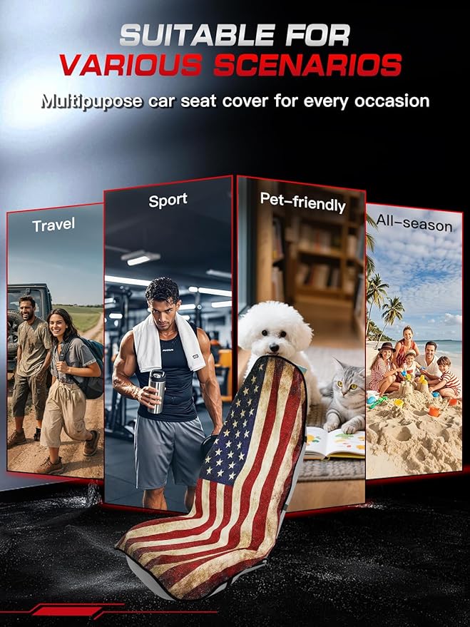 American Flag Car Seat Towel Protector (2-Pack), Waterproof Sweat-Proof Non-Slip Cover for SUV, Truck & Sedan, Patriotic Seat
